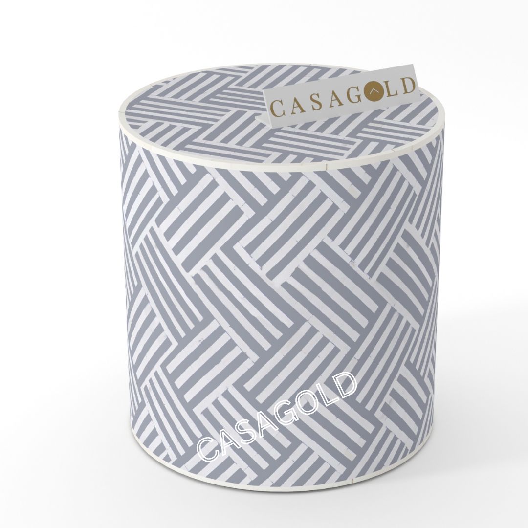 "White drum inlay side table with subtle and elegant patterns chevron "
