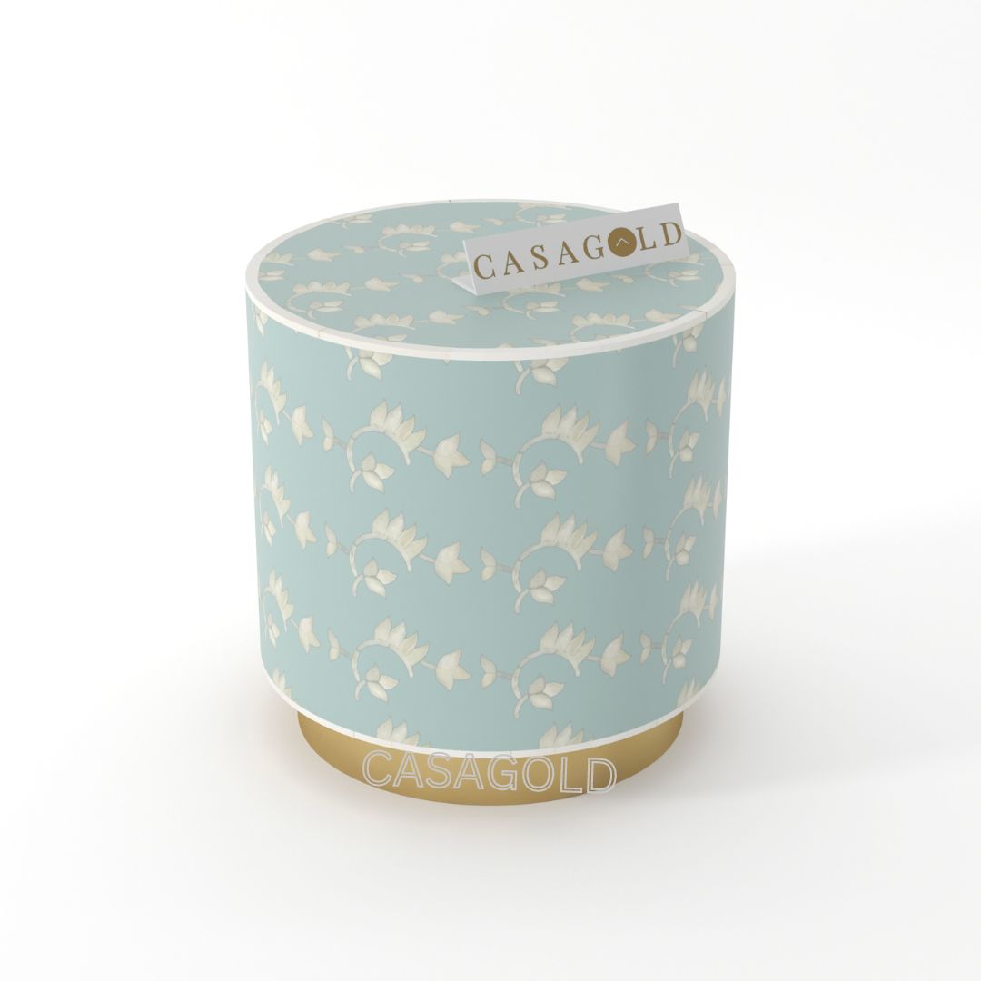 "White patterned drum inlay side table for minimalist overlay decor"