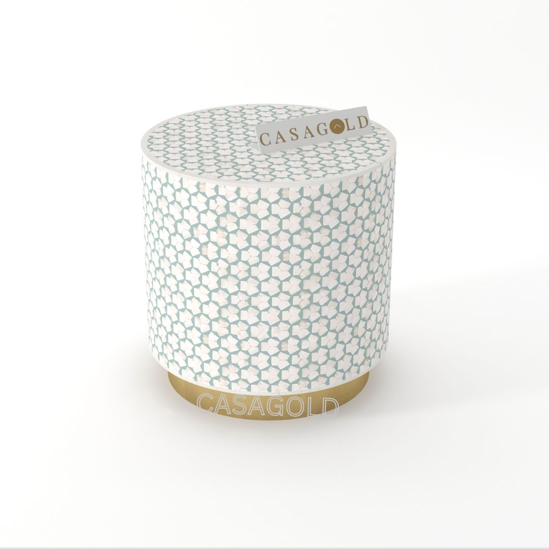 "White drum inlay side table with subtle and elegant patterns"
