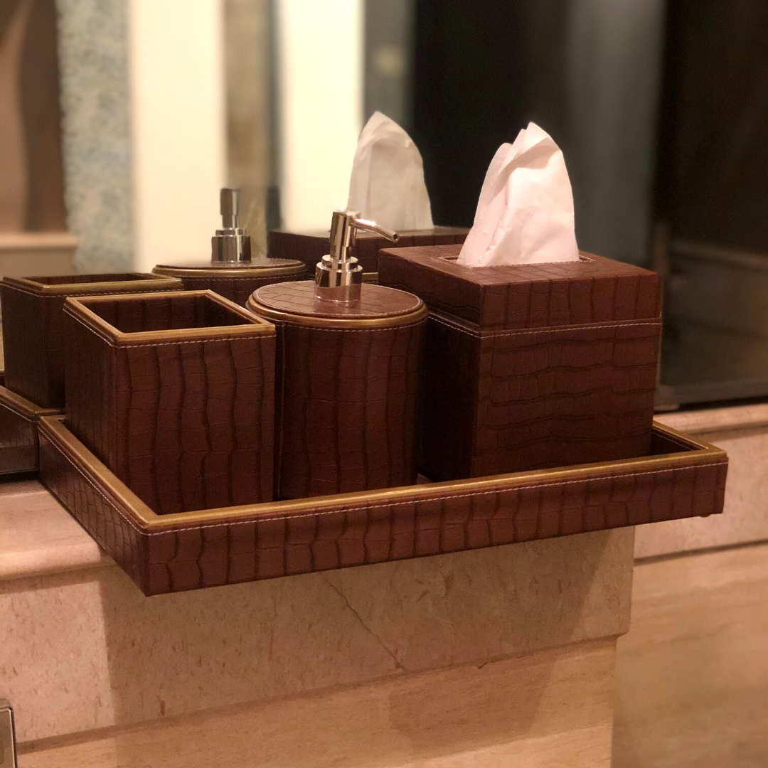 Wooden Leather Bathroom Accessories Set for Rustic Touch	