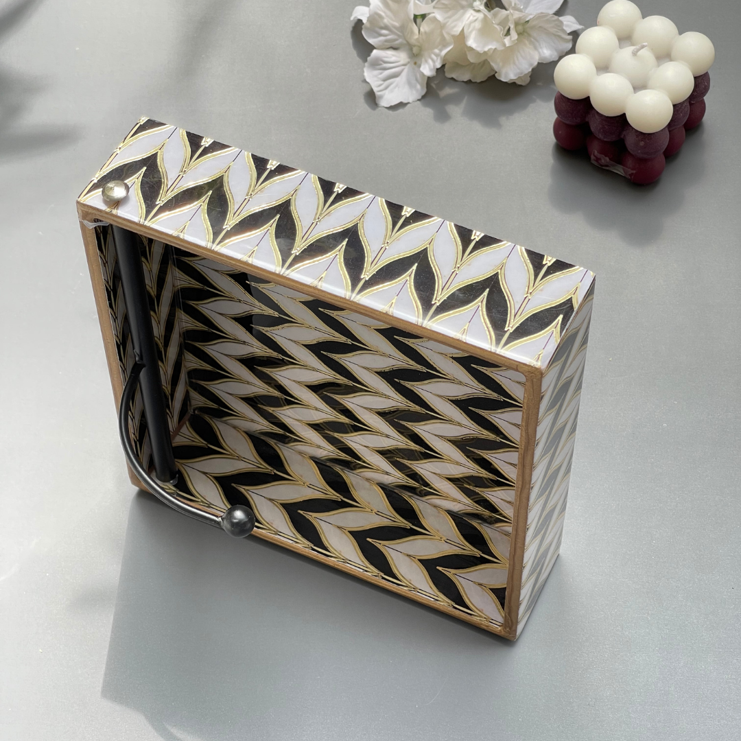 Wooden tissue tray for discreet storage
