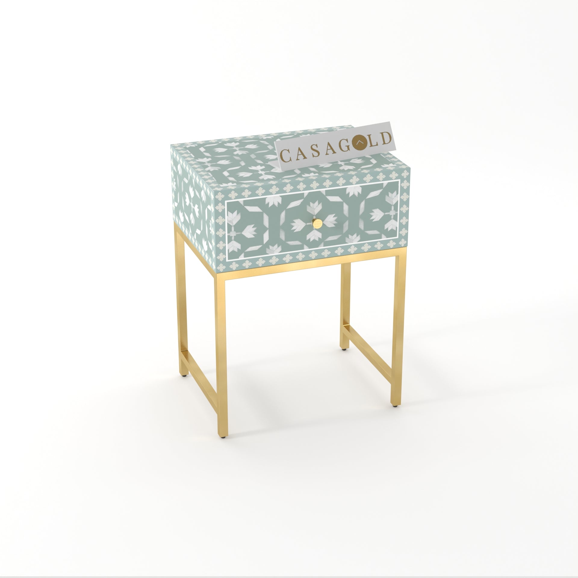 "bone inlay rectangular bedside table supported by a sturdy gold frame"
