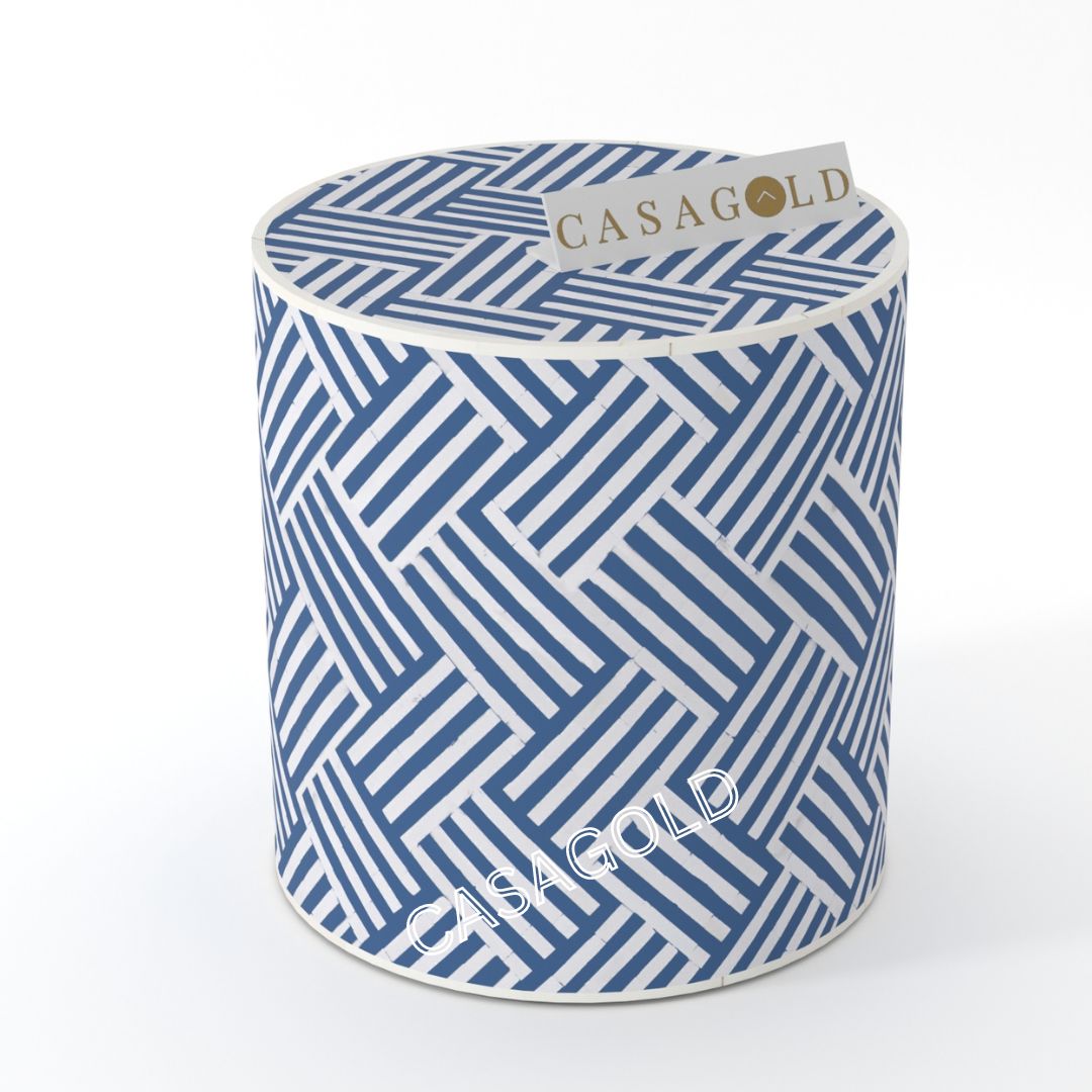 "chevron bone inlay drum-shaped side table for decorative interiors"