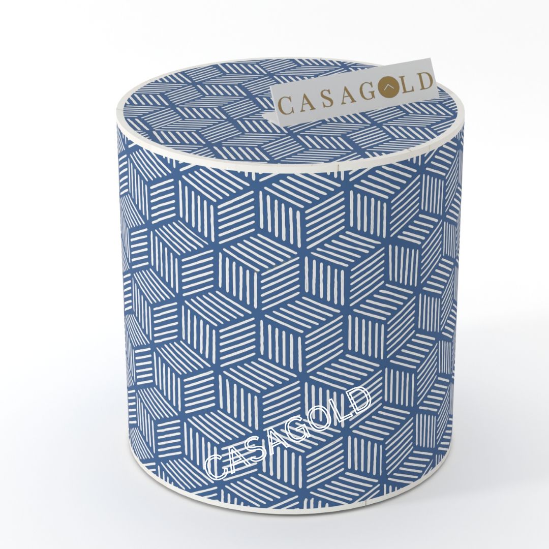 "Modern drum-shaped inlay side table with clean lines"
