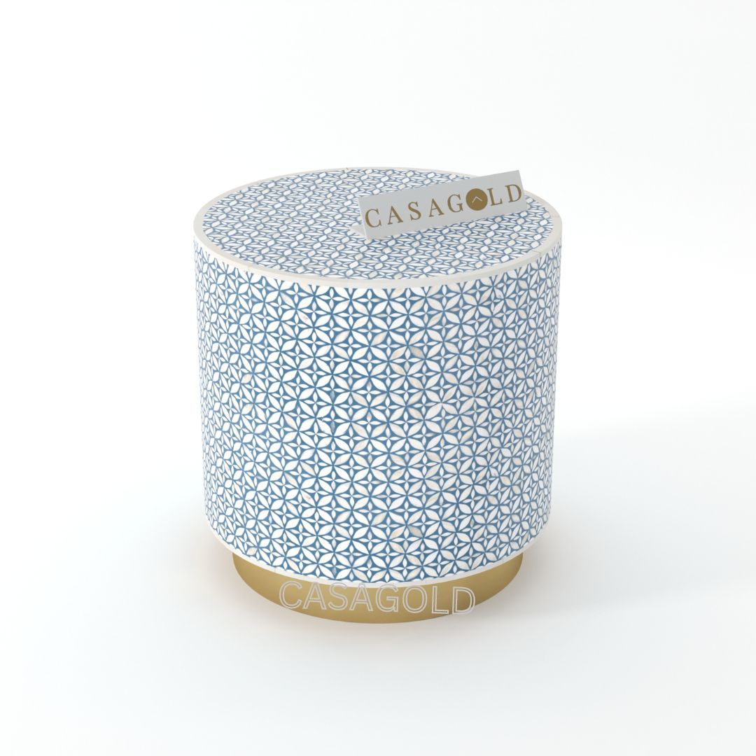 "drum inlay side table featuring intricate geometric designs"
