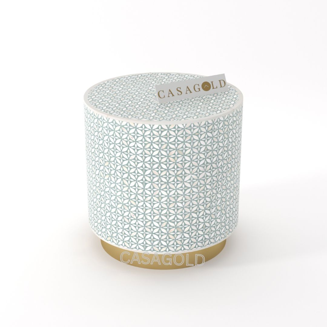 "drum inlay side table featuring intricate geometric designs"

