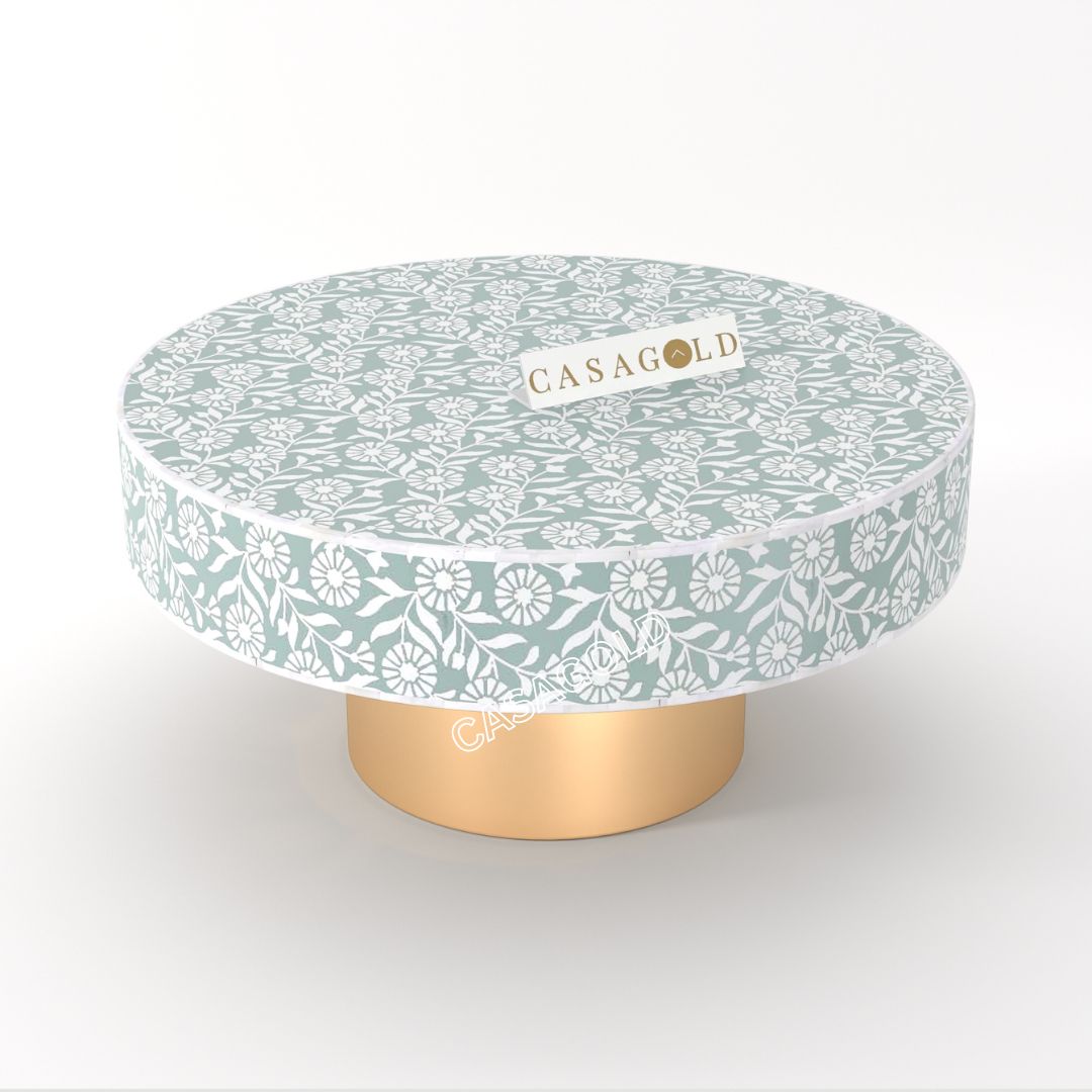 Ornate coffee table round with bone inlay art
