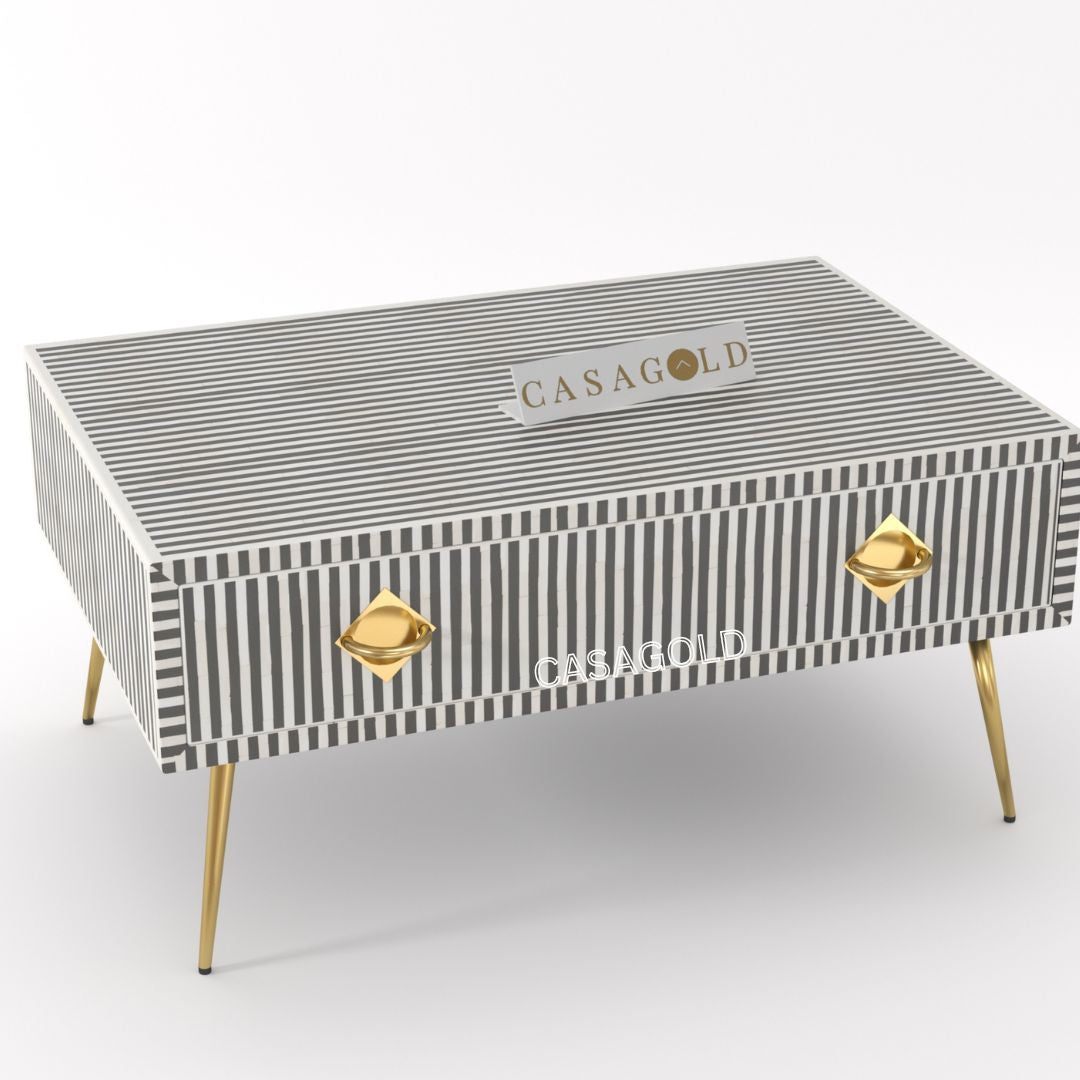 "Rustic rectangular coffee table with handcrafted bone inlay details"
