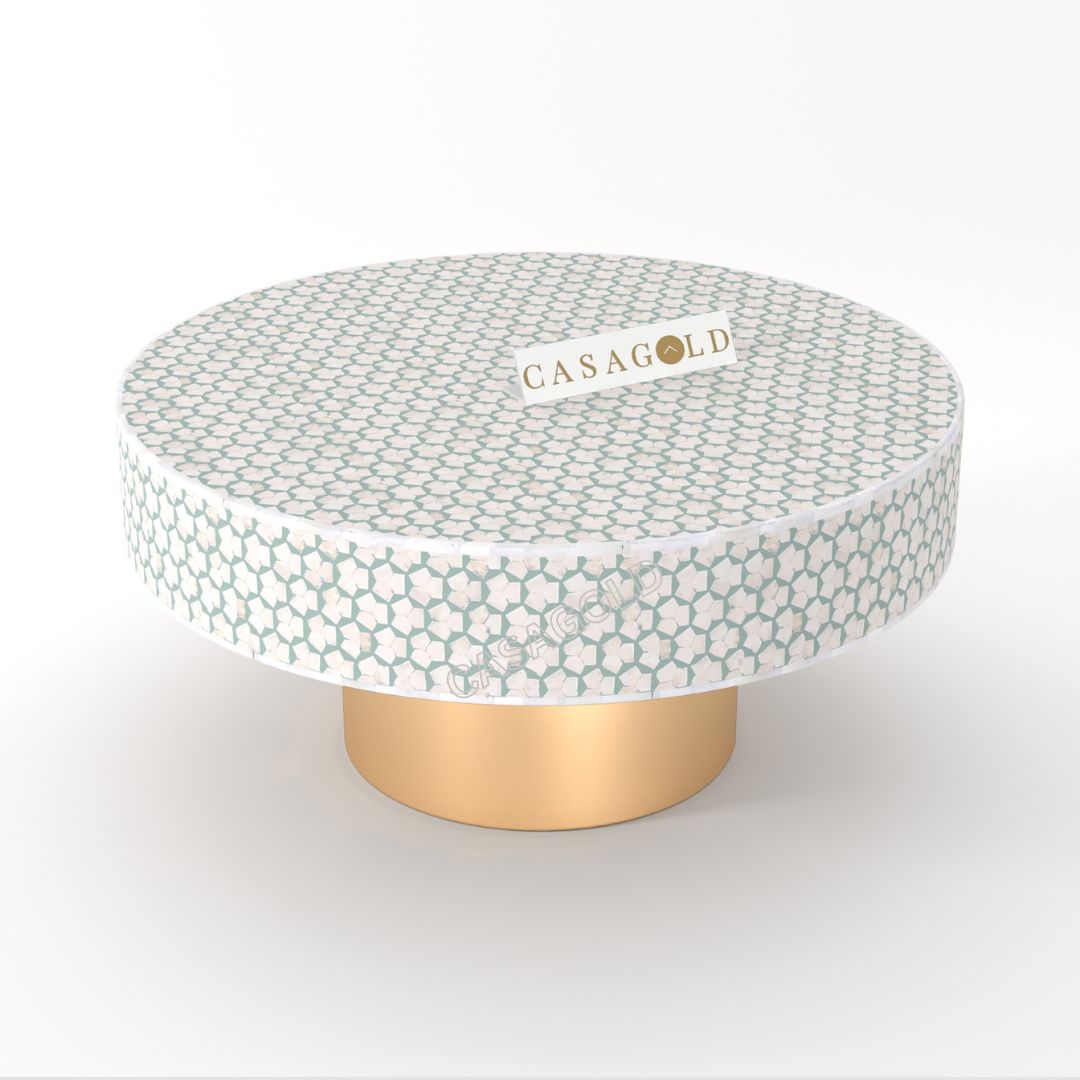 Compact round coffee table, bone inlay