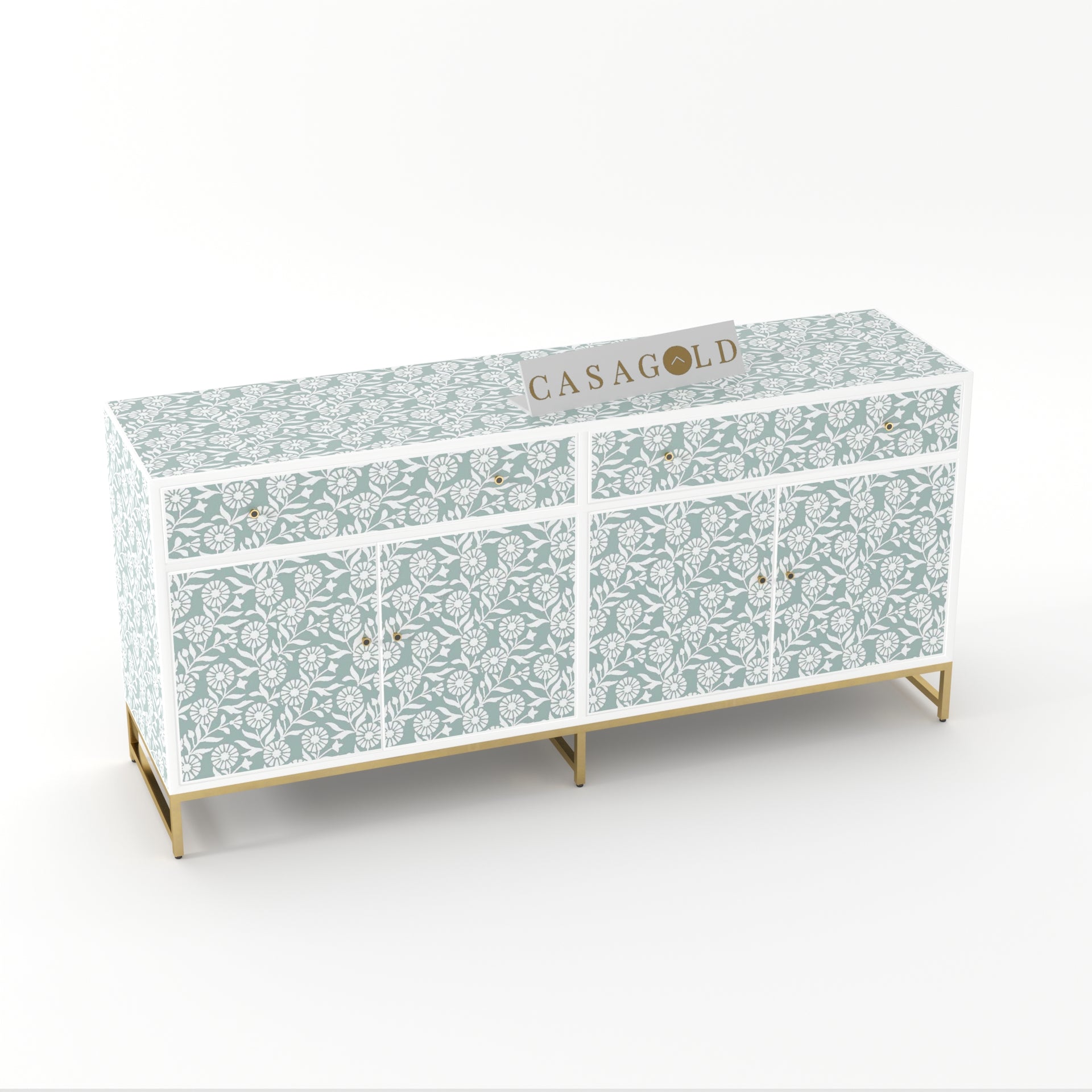 Ebony and brass inlay sideboard for upscale living spaces.
