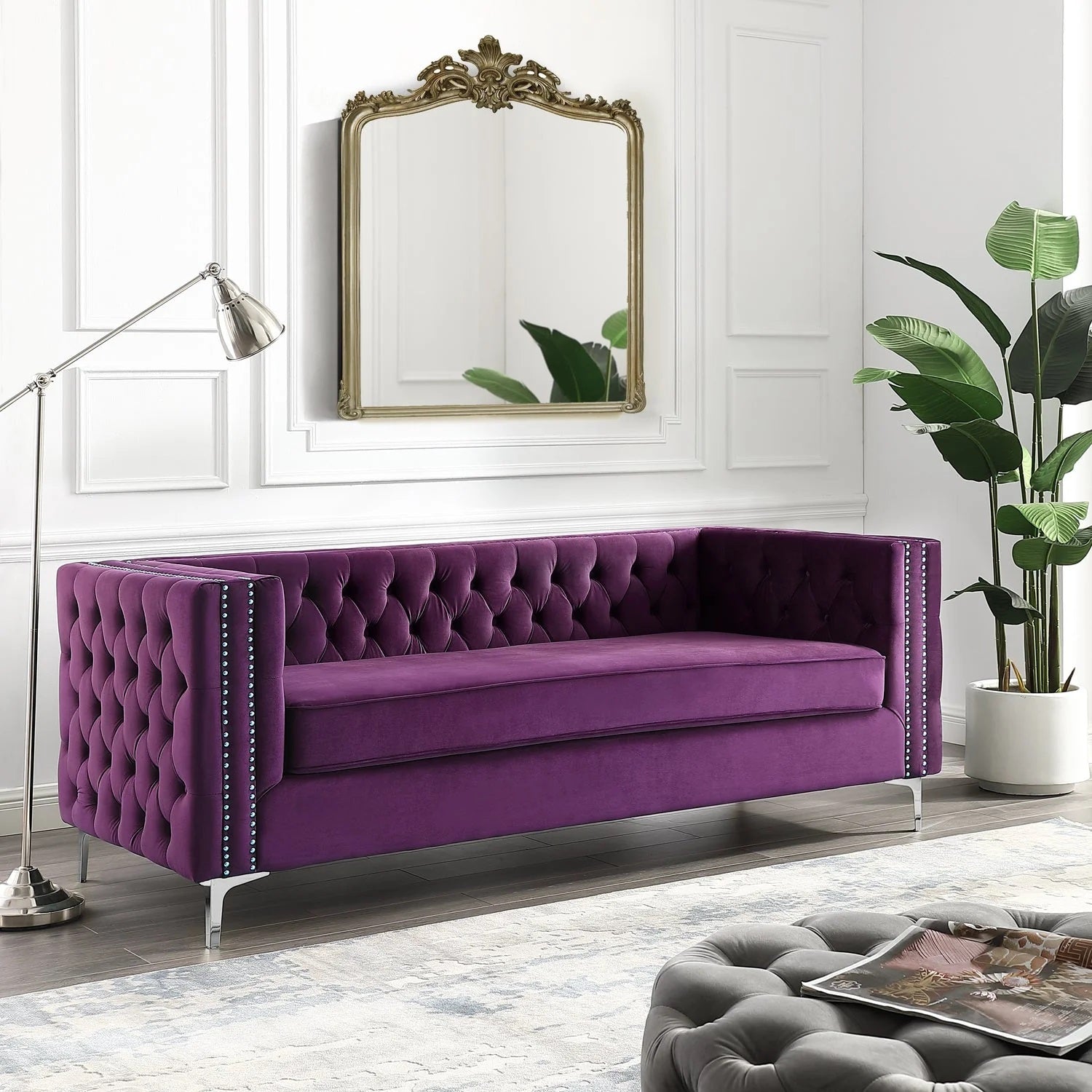 Art Deco Velvet Sofa with Metal Legs	
